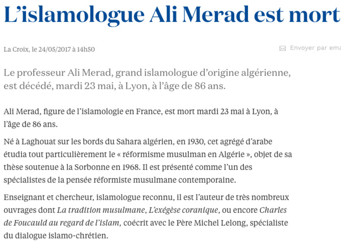 L'Islamologue Ali Mérad est mort (La Croix) L'Islamologue Ali Mérad est mort (La Croix)