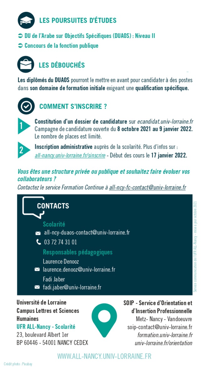 Diplôme universitaire d'arabe sur objectifs spécifiques (DUAOS) Diplôme universitaire d'arabe sur objectifs spécifiques (DUAOS)