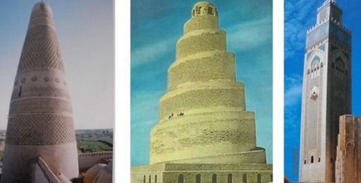De Gauche à droite: Turfan, Chine- Mosquée du Vendredi, XVIIe siècle; Samara, Irak-Mosquée d'Abou Dowlaf-IXe siècle; Mosquée Hassan II Casablanca, Maroc (XXe siècle) De Gauche à droite: Turfan, Chine- Mosquée du Vendredi, XVIIe siècle; Samara, Irak-Mosquée d'Abou Dowlaf-IXe siècle; Mosquée Hassan II Casablanca, Maroc (XXe siècle)