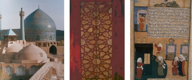 De gauche à droite: Grande Mosquée Royale  de Chah 'Abbas Ier, XVIIe siècle; Porte bois et ivoire Egypte Metropolitan Museum New York; Mir Havand - Mahomet et Ali débarassent  la Kasbah de ses idoles  Miniature tirée du ardin de la Pureté
