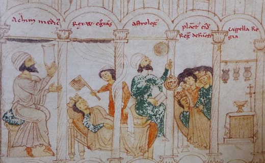 La mort de Guillaume II de Sicile dans un ouvrage de la fin du xiie siècle. Le roi est entouré de savants arabes.
