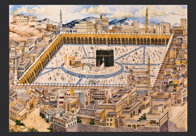 Vue générale de la Ka‘ba. Peinture par Mahmud Malik. Datée de 1293 H (1876-1877 EC). Aquarelle sur papier. 49.2 cm x 59.2 cm. Museum of Islamic Art, Doha. MS.801.2011. © Museum of Islamic Art, Doha.