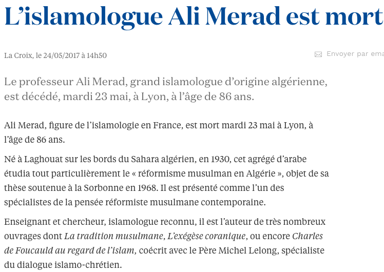 L'Islamologue Ali Mérad est mort (La Croix)