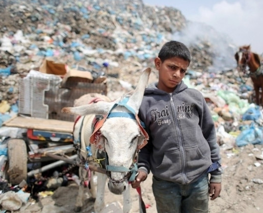 6 avril 2015, dans une décharge publique à Rafah, au sud de la bande de Gaza, un jeune palestinien fouille dans un tas de déchets à la recherche, entre autres, d’objets recyclables qu’il espère vendre (AFP).