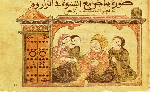 Bayâd dans une maison avec des femmes alors qu'il remet une lettre pour Riyâd. Histoire de Bayâd et Riyâd al andalus wa al maghreb. Histoire d’amour arabe