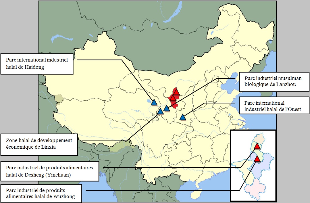 Carte des principaux centres de l'industrie alimentaire halal en Chine . (Le Ningxia est identifié en rouge)