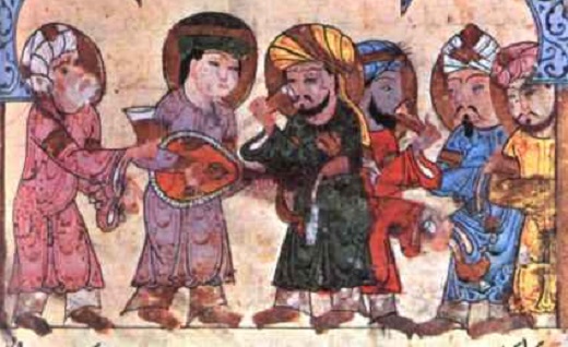 Avicenne entouré de quelques-uns de ses disciples – Miniature illustrant un ouvrage de médecine rédigé en Arabe – Bibliothèque ambrosienne de Milan.