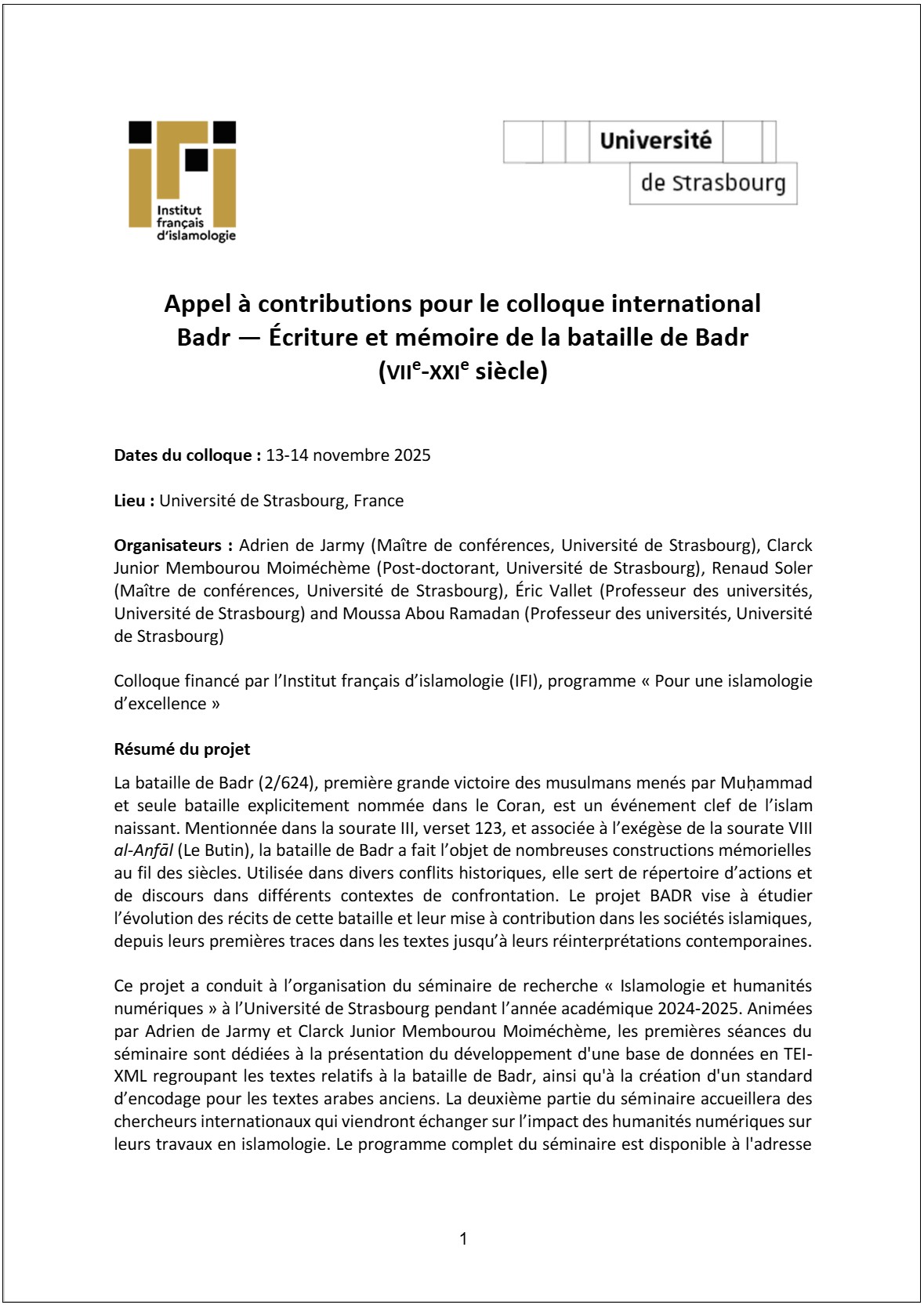 Projet Badr – Écriture et mémoire de la bataille de Badr (VIIIe- XXIe siècle), 2022-2025